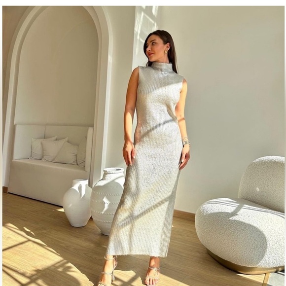 Zara Cracked Metallic Knit Maxi Dress Womens Size Medium - Picture 2 of 6